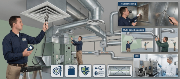 Rotating Vane Anemometers used for HVAC airflow testing, troubleshooting, multi-zone balancing, and IAQ monitoring in ducts