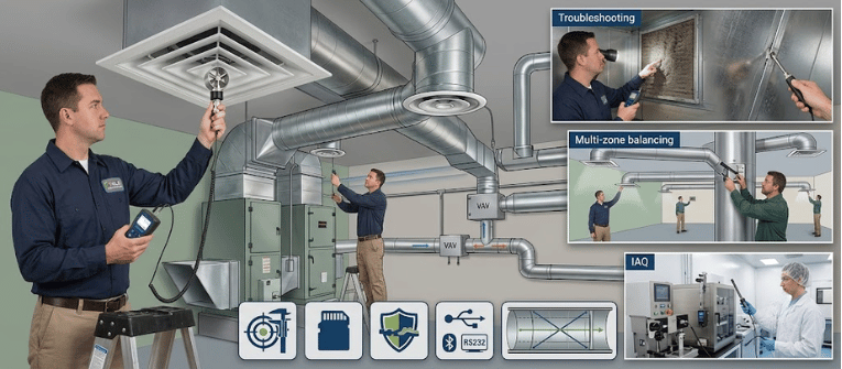 Rotating Vane Anemometers used for HVAC airflow testing, troubleshooting, multi-zone balancing, and IAQ monitoring in ducts
