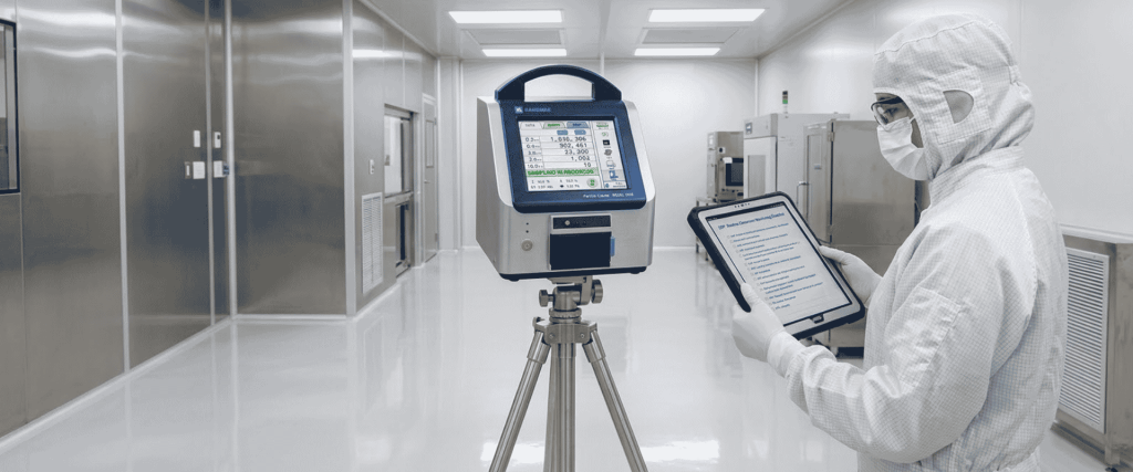 ISO 14644-1 cleanroom particle counter monitoring by technician in protective clothing