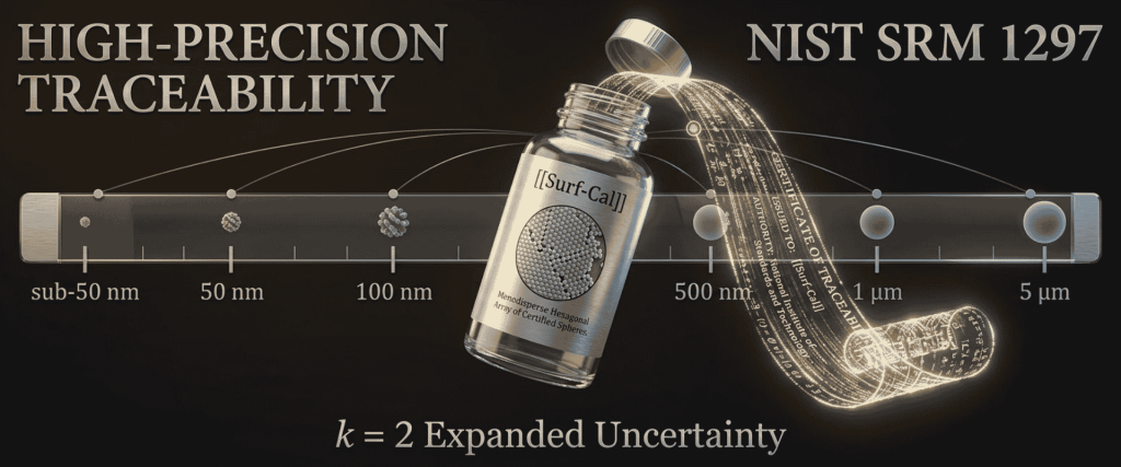 Surf-Cal NIST SRM 1297 bottle with nanoparticle size scale from sub-50 nm to 5 µm