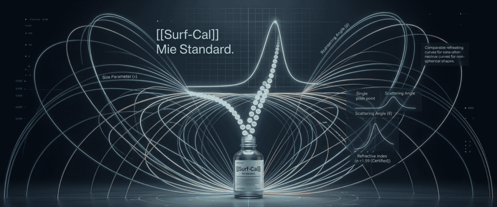 Surf-Cal bottle with glowing particle paths, wave graphs, scattering angles, and scientific