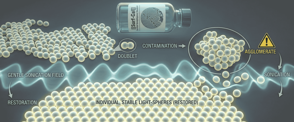 Surf-Cal diagram showing sonication restoring agglomerated spheres into individual, stable light spheres