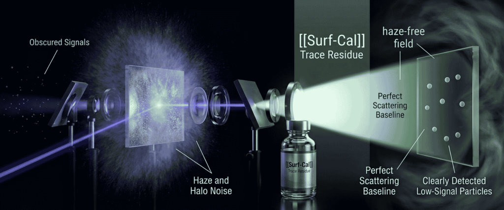 Surf-Cal trace residue test uses a laser beam to detect low-signal particles through haze-free scattering