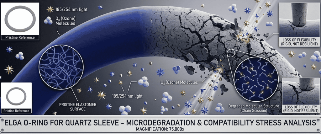 UV Chamber O-ring degradation under ozone and UV light, showing cracks, stiffness, and molecular damage