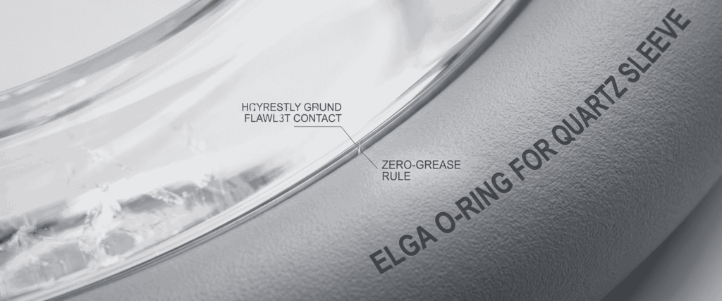 UV Chamber close-up showing a quartz sleeve, ELGA O-ring, zero-grease rule, and high-purity ground flow