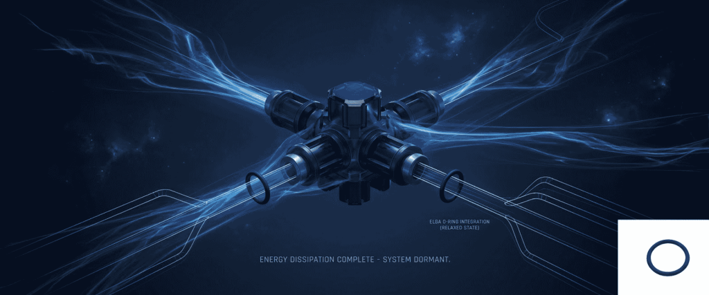 UV Chamber component with O-ring integration, blue energy lines, and technical system design