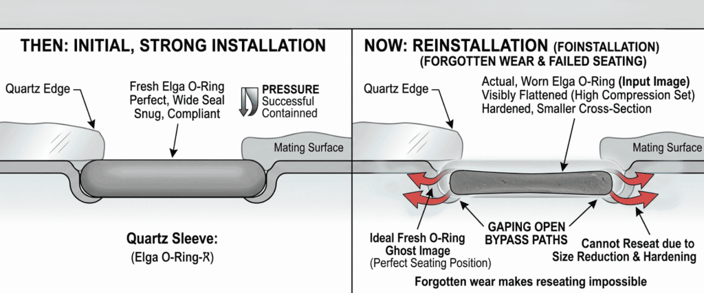 UV Chamber diagram comparing fresh and worn Elga O-rings in a quartz sleeve, showing pressure sealing and bypass paths