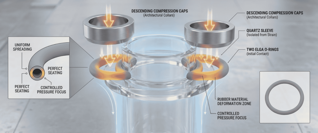 UV Chamber diagram showing compression caps, quartz sleeve, O-rings, and rubber seals with controlled pressure focus and seating