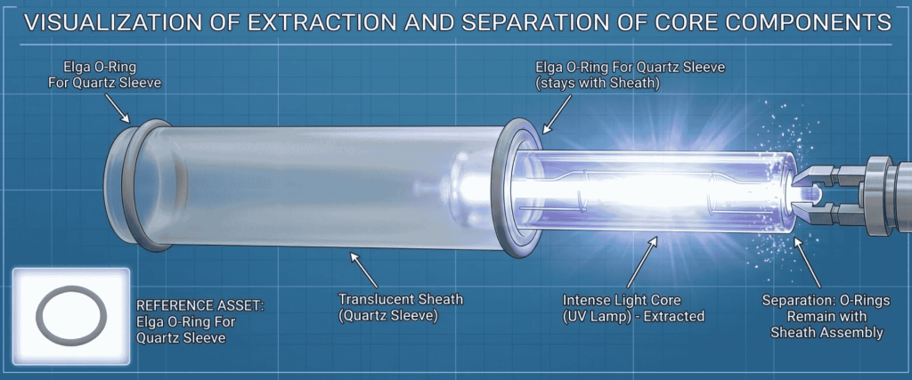 UV Chamber diagram showing extraction of a UV lamp core from a quartz sleeve, with O-rings and sheath assembly labeled