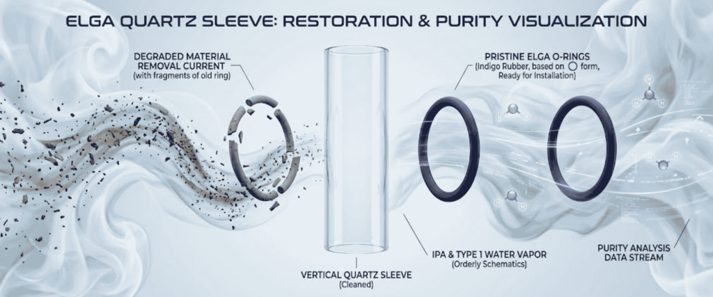 UV Chamber diagram showing quartz sleeve restoration, degraded material removal, clean O-rings, and purity analysis