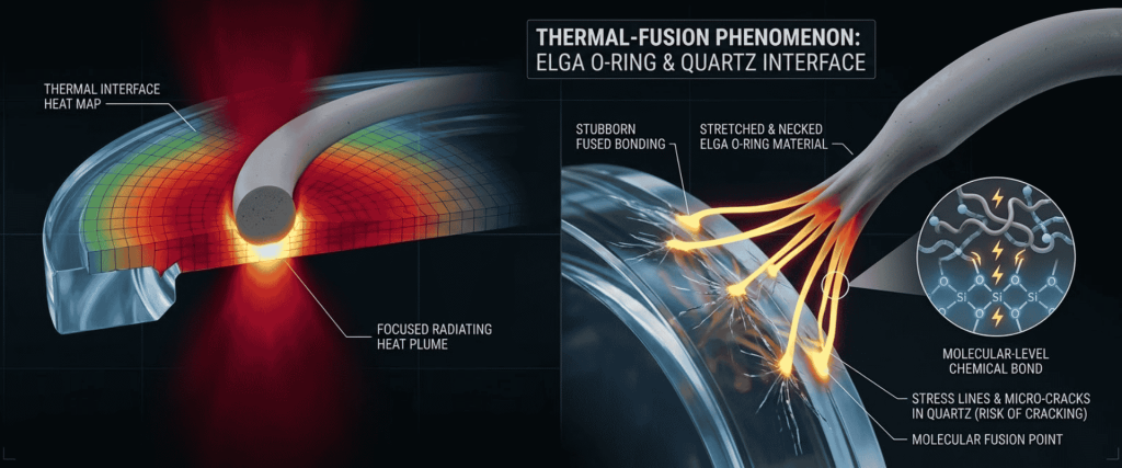 UV Chamber diagram showing thermal fusion, heat mapping, stretched O-ring material, molecular bonding, and quartz micro-cracks