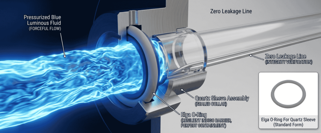 UV Chamber with quartz sleeve, Elga O-ring, and zero-leakage design containing pressurized blue fluid