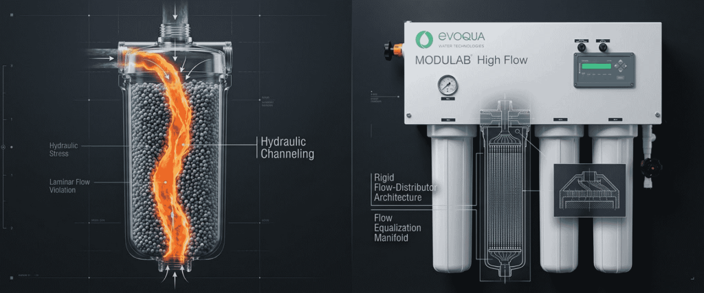 Water Purity filter system showing hydraulic channeling, flow distribution, and MODULAB high-flow treatment unit