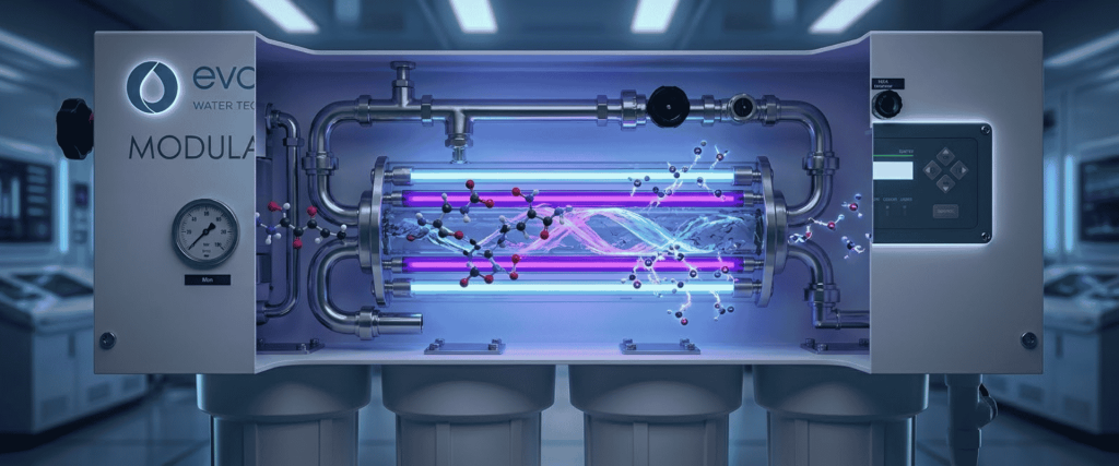 Water Purity filtration system with UV chambers, pipes, gauges, and control panel in a modern treatment facility