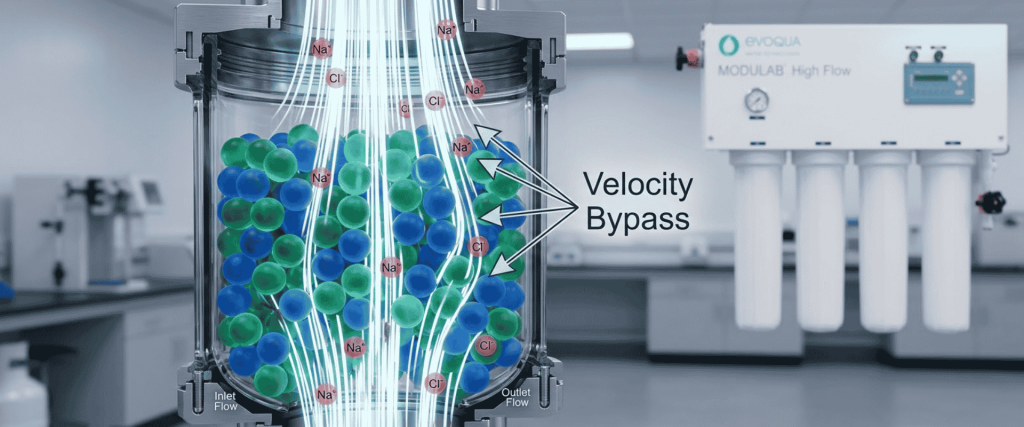 Water Purity system showing ion exchange media, sodium and chloride ions, and velocity bypass flow in a treatment unit