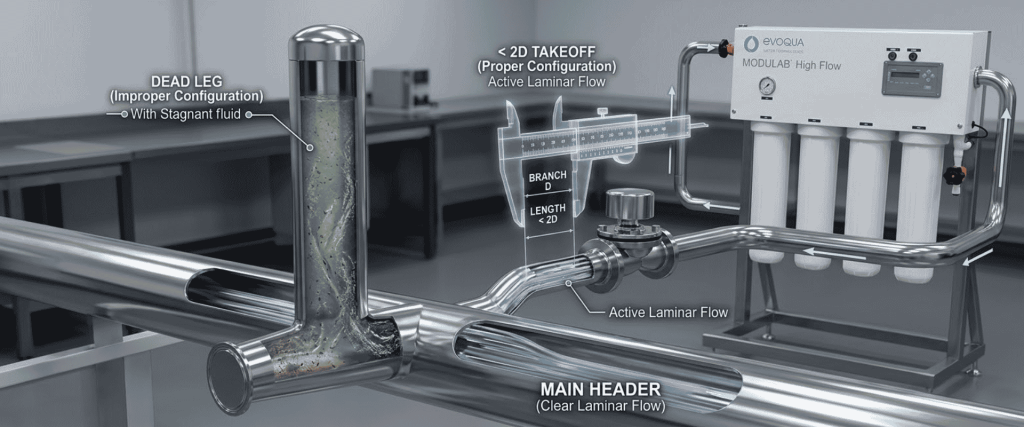 Water Purity system showing proper laminar flow, dead-leg prevention, and filtration piping in a laboratory setup