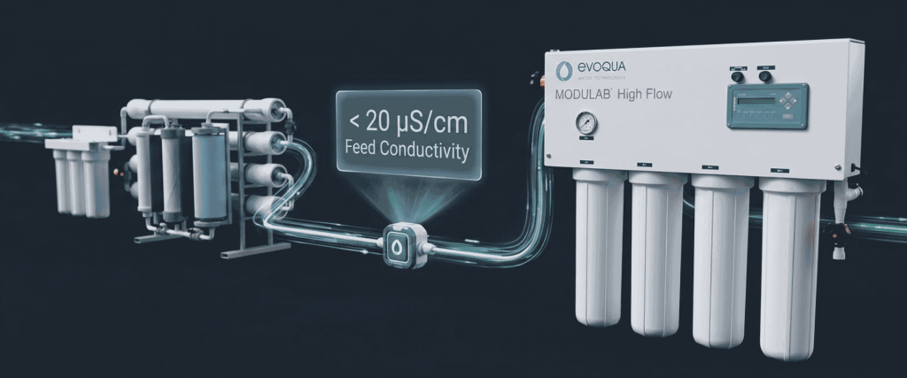 Water Purity system with filtration units and MODULAB High Flow controls showing feed conductivity below 20 μS cm