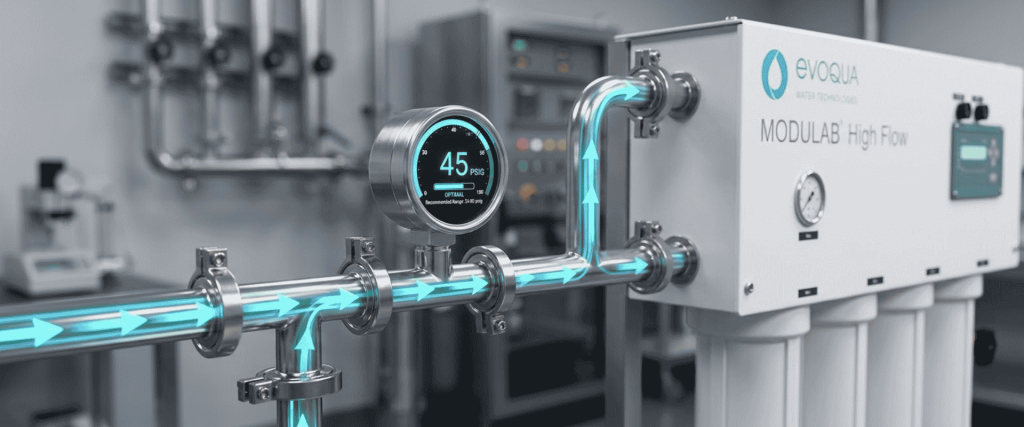 Water Purity system with illuminated pipes, 45 PSI gauge, and modular high-flow filtration equipment in an industrial facility