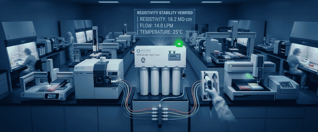Water Purity testing system in a modern laboratory with filtration equipment, instruments, and verified resistivity readings