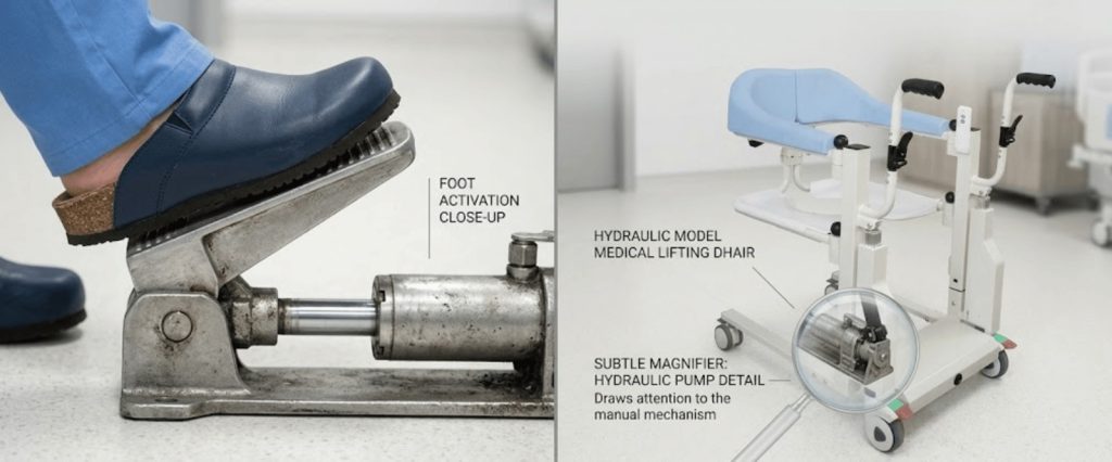 Caregiver injuries highlight hydraulic medical lifting chair with foot pedal activation and manual pump detail for safe transfers