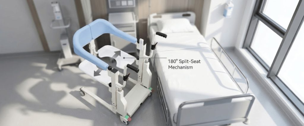 Caregiver injuries prevention using a patient lift with 180° split-seat mechanism beside a hospital bed in a bright room
