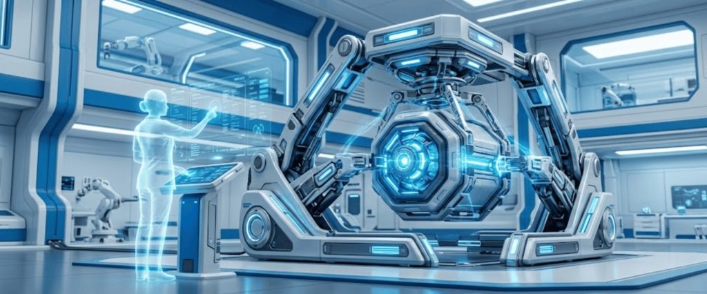 Caregiver injuries in a futuristic medical lab, showing advanced robotic care technology and a holographic assistant