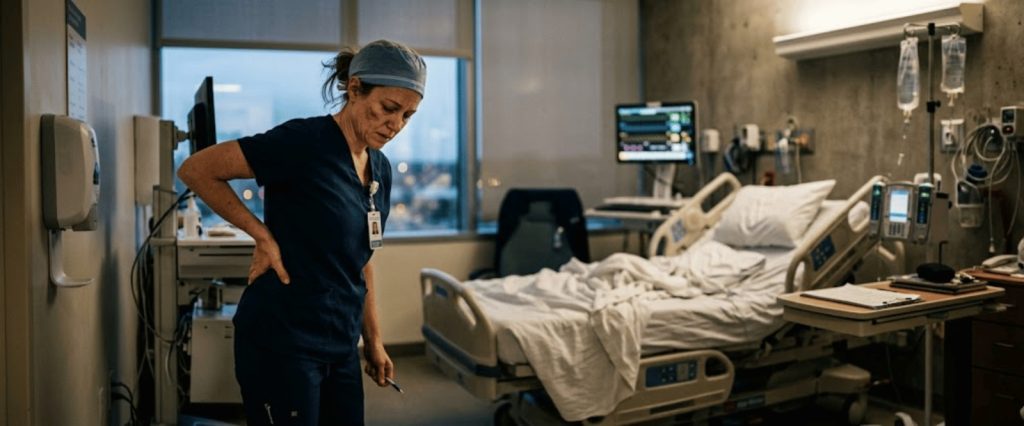 Caregiver injuries: a nurse in a hospital room holding her back while standing beside an empty patient bed and medical equipment