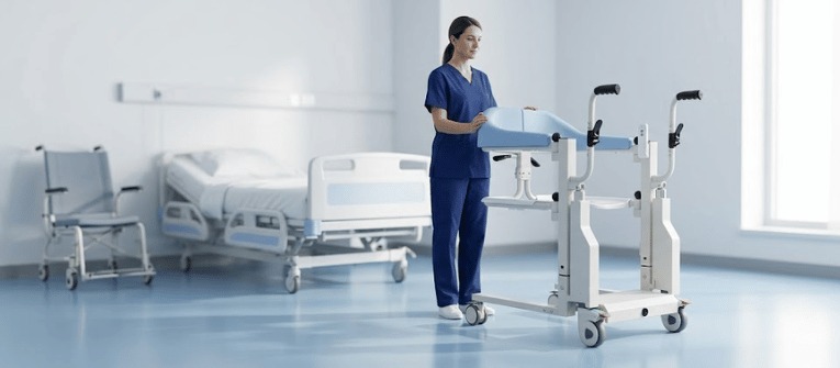 Caregiver injuries prevention with nurse using a patient transfer lift in a modern hospital room