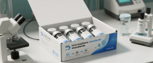 Box of labeled microsphere standard vials on a lab bench beside a microscope and testing equipment, bright clinical setting. 