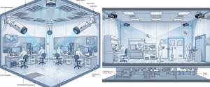 Clean laboratory control room with technicians in protective suits at computer stations, ceiling cameras and HEPA filters monitoring air and contamination. 