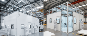 Cleanroom technicians in white protective suits working around and on top of a large modular white cleanroom unit inside a bright industrial facility. 