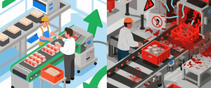 Factory split scene showing safe, efficient packaging on left and a hazardous, blood-spattered conveyor accident on right. 