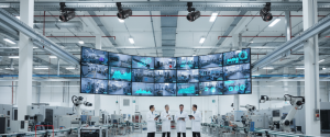 Four engineers in white lab coats review tablets beneath a large curved video wall showing multiple surveillance feeds in a bright automated factory. 