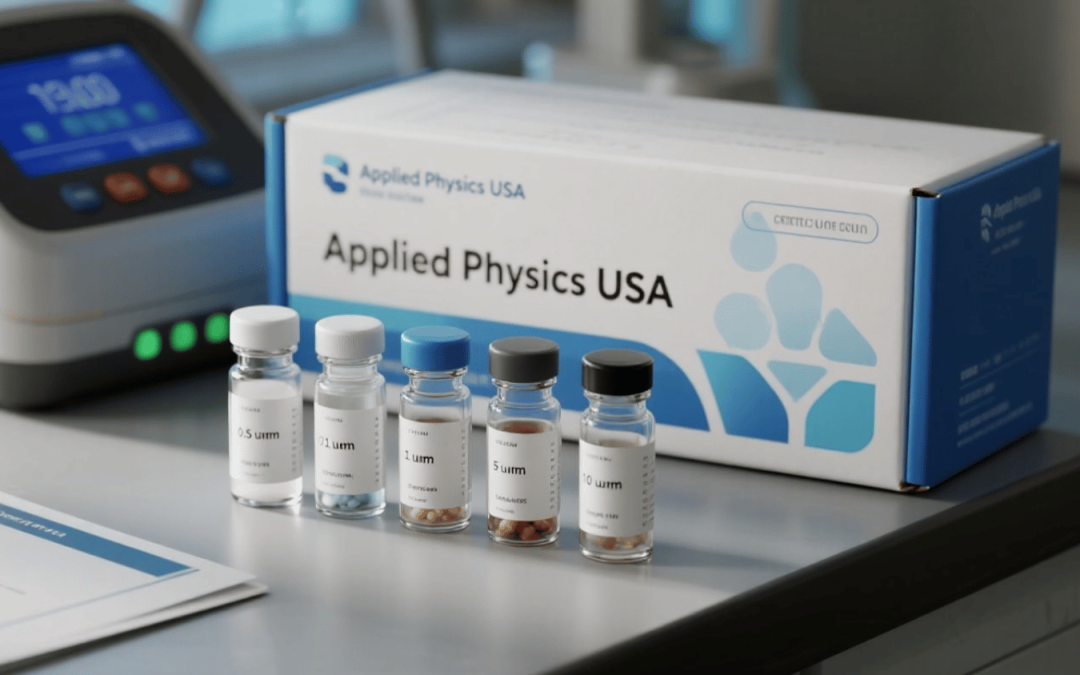Lab bench with diagnostic device, Applied Physics USA kit box, five labeled reagent vials, and paperwork with a pen.