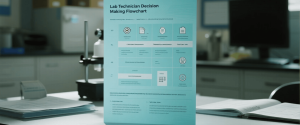 Lab technician decision-making flowchart poster on a lab bench with microscope, paperwork, and blurred monitors in background. 