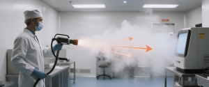 Lab technician in protective clothing spraying disinfectant fog toward laboratory equipment and machines in a cleanroom. 