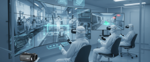 Lab technicians in cleanroom suits use VR headsets and controllers to remotely monitor and control a high-tech laboratory environment. 