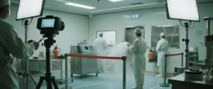 Laboratory technicians in full protective suits disinfect a cleanroom using fogging equipment while filmed under bright studio lights. 