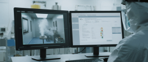 Person in protective suit and mask monitors two screens in a lab: one shows a chamber emitting smoke, the other displays test data and checklists. 