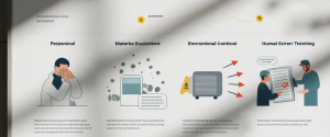 Poster on wall titled "Four Main Failure Modes" with illustrations: person sneezing, contaminated materials, HVAC unit and two people reviewing a checklist. 