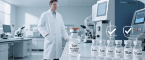 Scientist in lab with rows of labeled microscope standard vials (1–10 µm) and analytical instruments on a clean benchtop. 