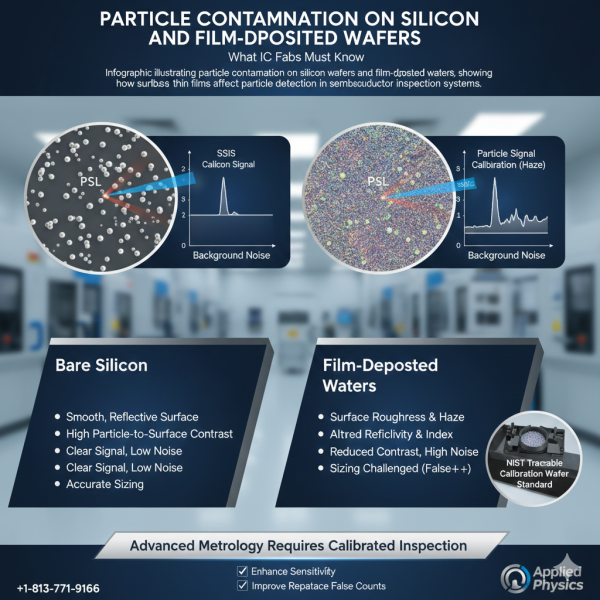 Infographic illustrating particle contamination on silicon wafers and film-deposited wafers, showing how surface roughness and thin films affect particle detection in semiconductor inspection systems.