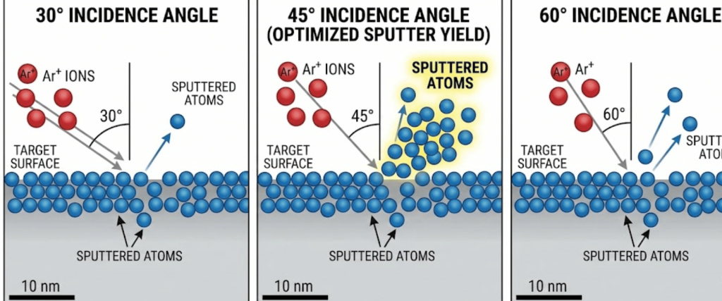 45° incidence yields highest sputter yield; ions strike target surface at 30°, 45°, 60° showing sputtered atoms and angles