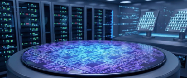 A round silicon wafer with glowing blue-purple microchips on a pedestal inside a high-tech server lab with monitors and racks