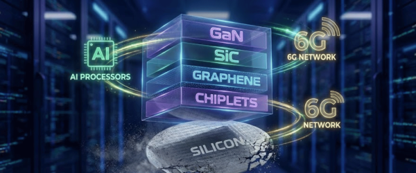 AI processors, GaN, SiC, graphene, chiplets stacked above a cracked silicon wafer with 6G network icons in a server room