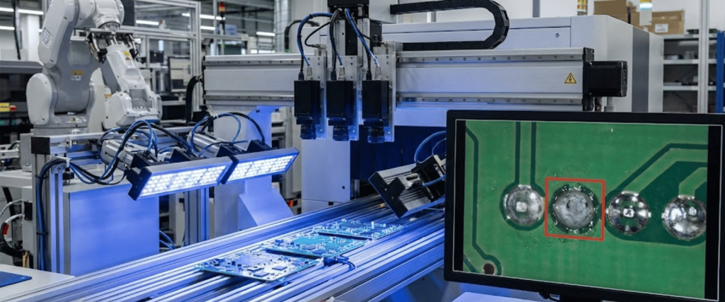 Automated PCB inspection line with robotic arms, conveyor and monitor showing close-up of solder joints, one highlighted
