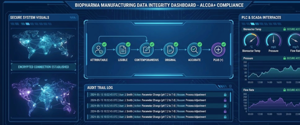 Biopharma manufacturing dashboard showing data integrity status, global secure connections, audit trail log, and PLC/SCADA gauges and charts