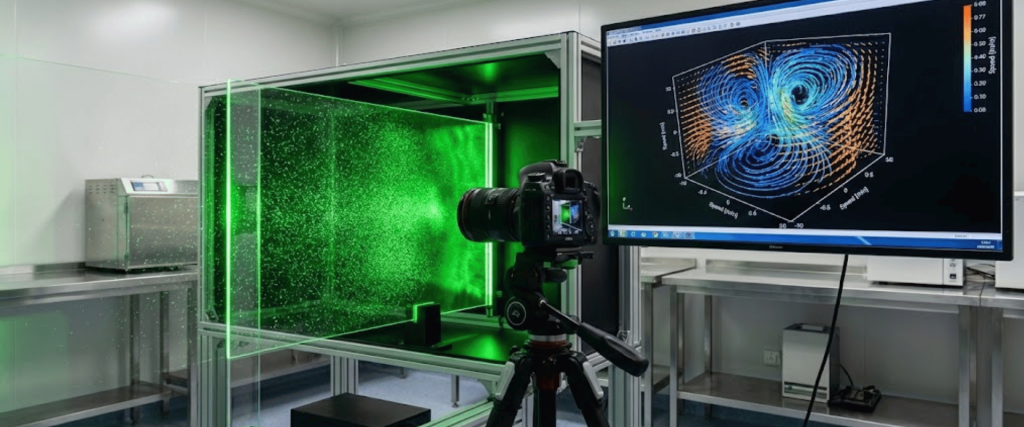 Camera on tripod photographing green laser-illuminated particle flow inside a lab chamber, with computational flow visualization on monitor
