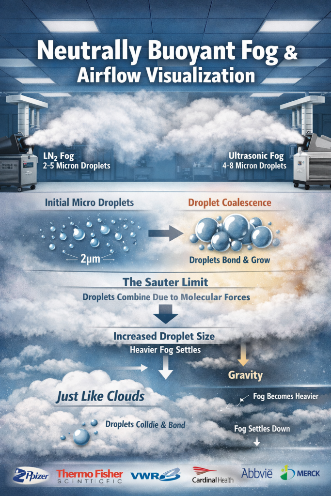 Diagram showing neutrally buoyant fog airflow visualization comparing LN2 fog (2–5 micron droplets) and ultrasonic fog (4–8 micron droplets) with droplet coalescence and Sauter limit explanation