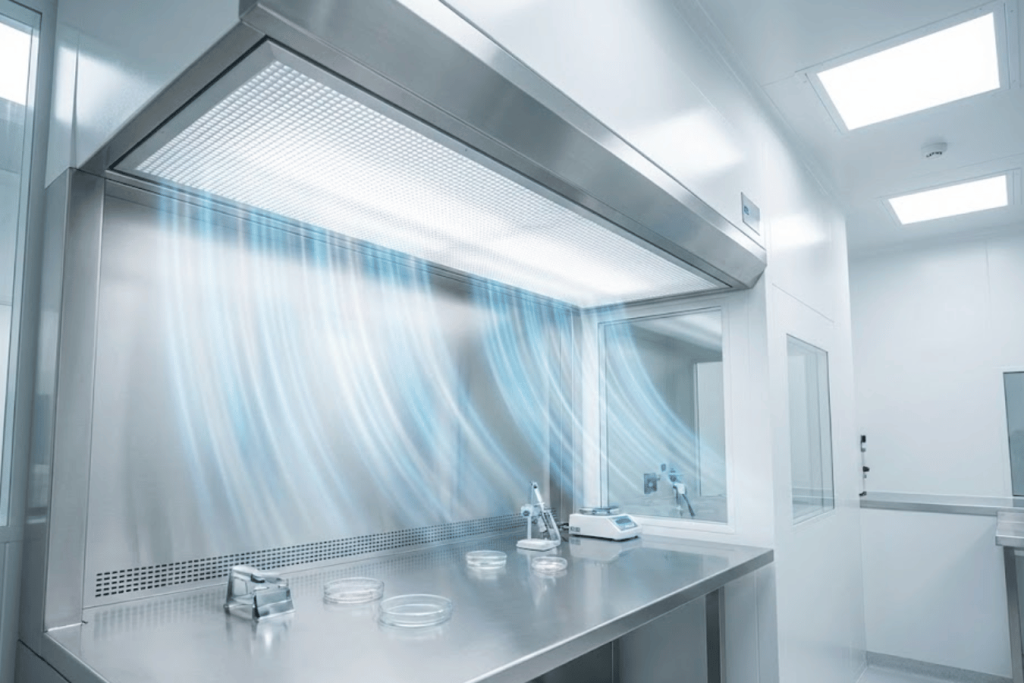 Clean, modern laboratory workstation with stainless steel bench, laminar airflow hood, petri dishes and small lab instruments